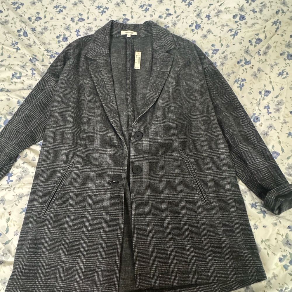 Madewell Gray Plaid Wool-Blend Long Coat